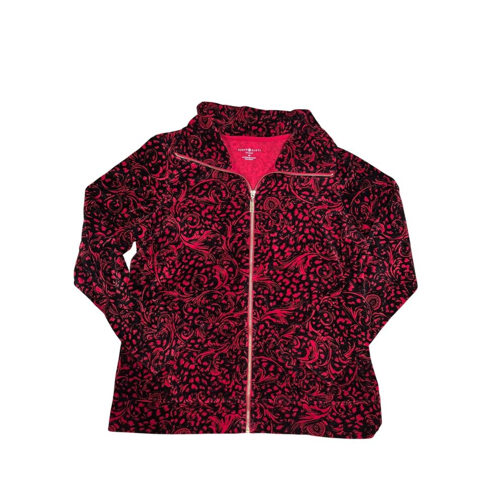 Karen Scott Velour Zip Jacket ❤️ Red & Black Floral Swirl Retro Style 🤍 Size M